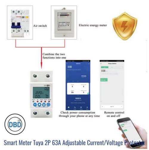 Smart Meter Tuya 2P 63A Adjustable Current/Voltage Protector